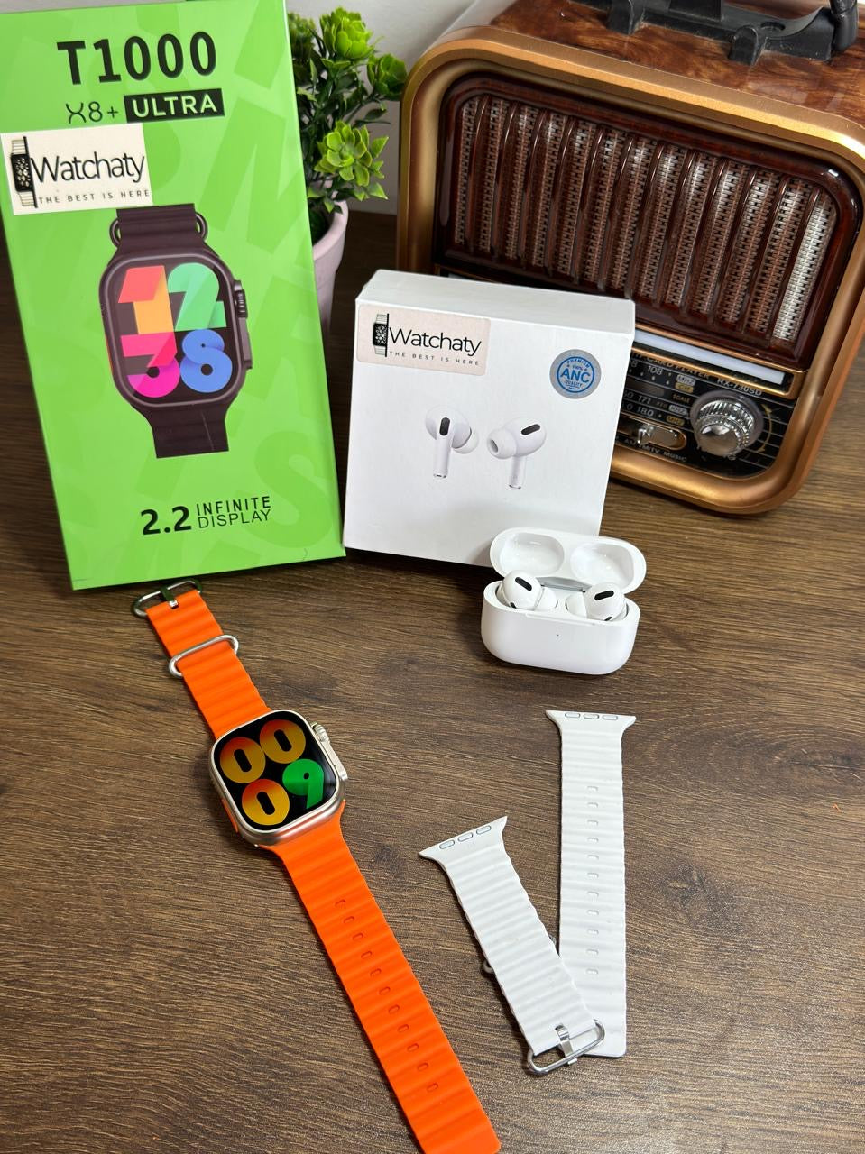 ساعة T1000 Ultra 2 (الباكت العريض) + سماعة AirPods Pro Copy (أي نوع) + ستراب سيليكون