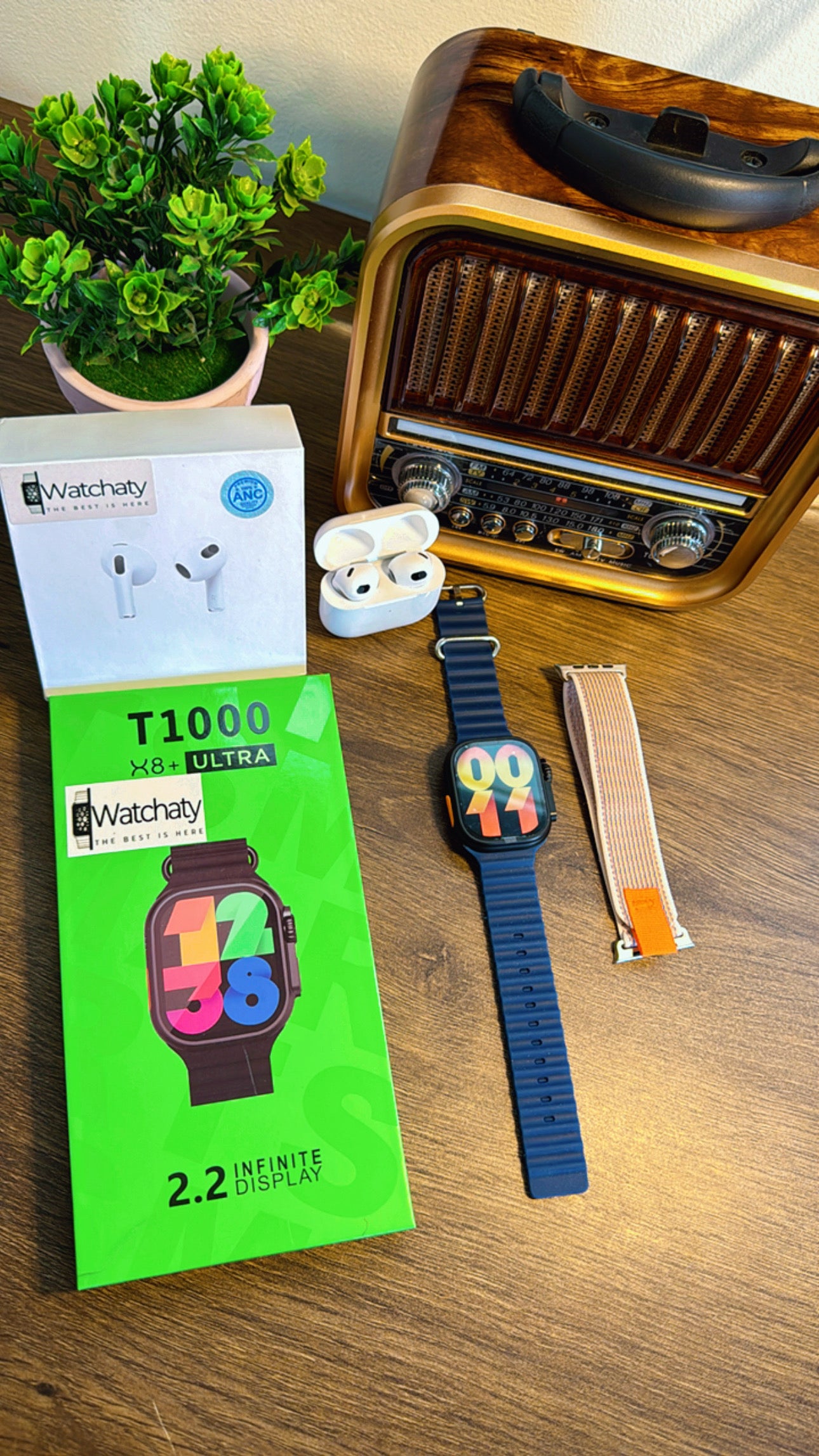 ساعة T1000 Ultra 2 (الباكت العريض) + سماعة AirPods Pro Copy (أي نوع) + ستراب سيليكون