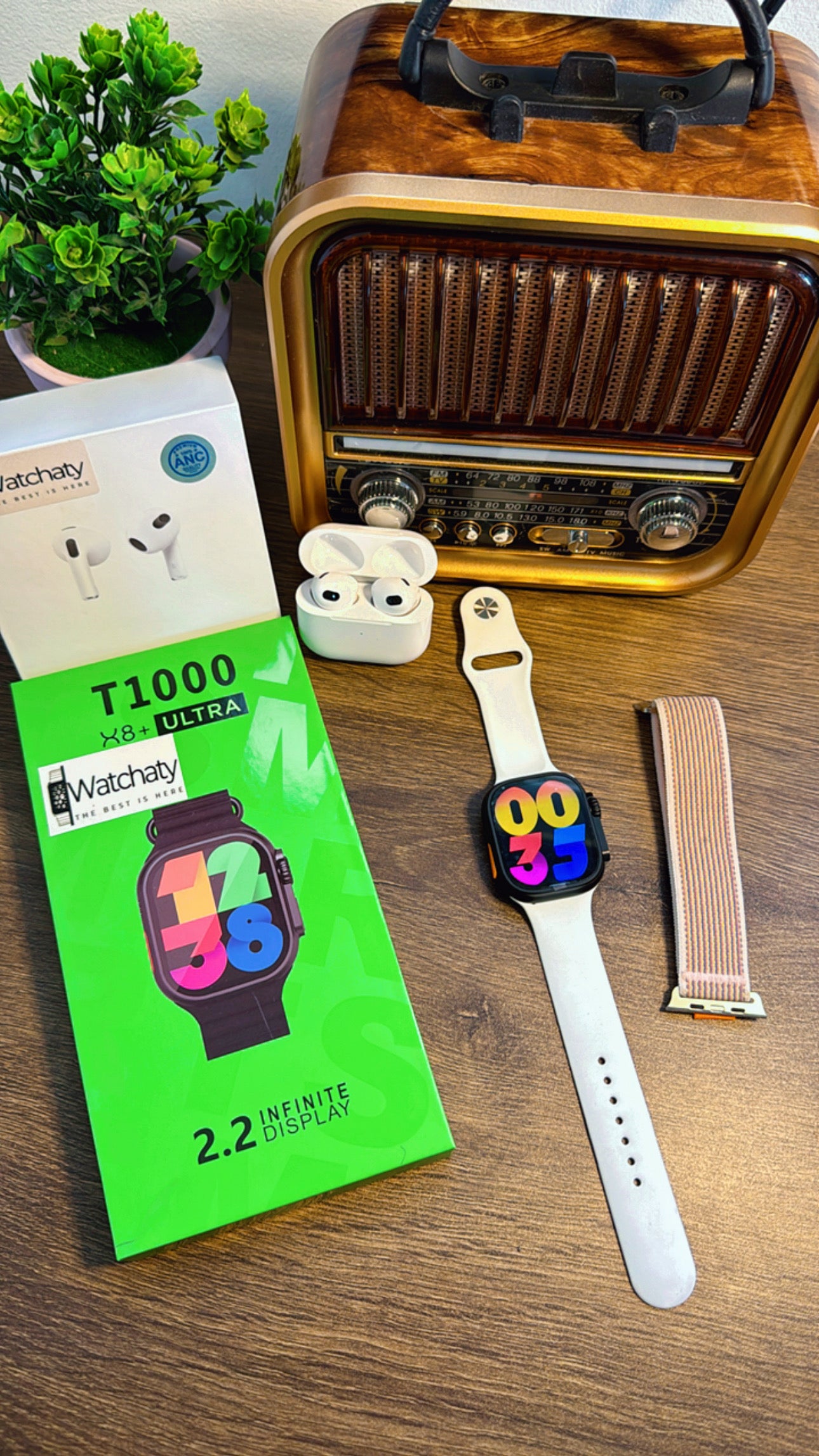 ساعة T1000 Ultra 2 (الباكت العريض) + سماعة AirPods Pro Copy (أي نوع) + ستراب سيليكون