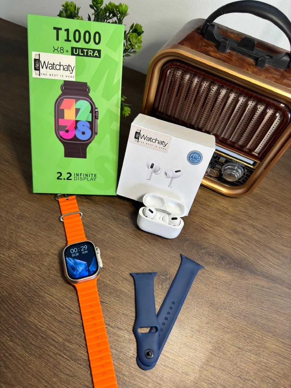 ساعة T1000 Ultra 2 (الباكت العريض) + سماعة AirPods Pro Copy (أي نوع) + ستراب سيليكون