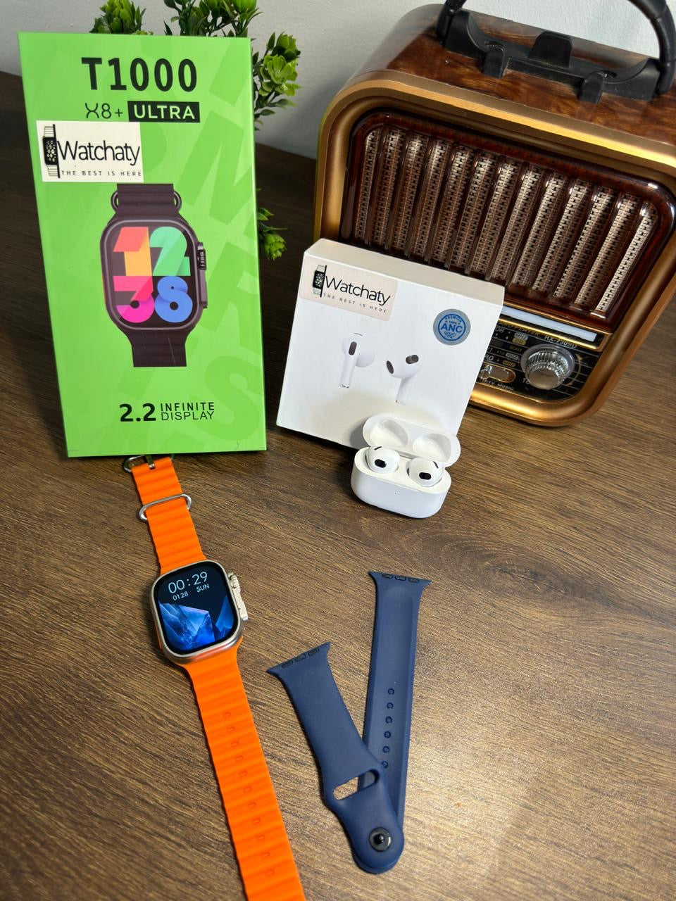 ساعة T1000 Ultra 2 (الباكت العريض) + سماعة AirPods Pro Copy (أي نوع) + ستراب سيليكون