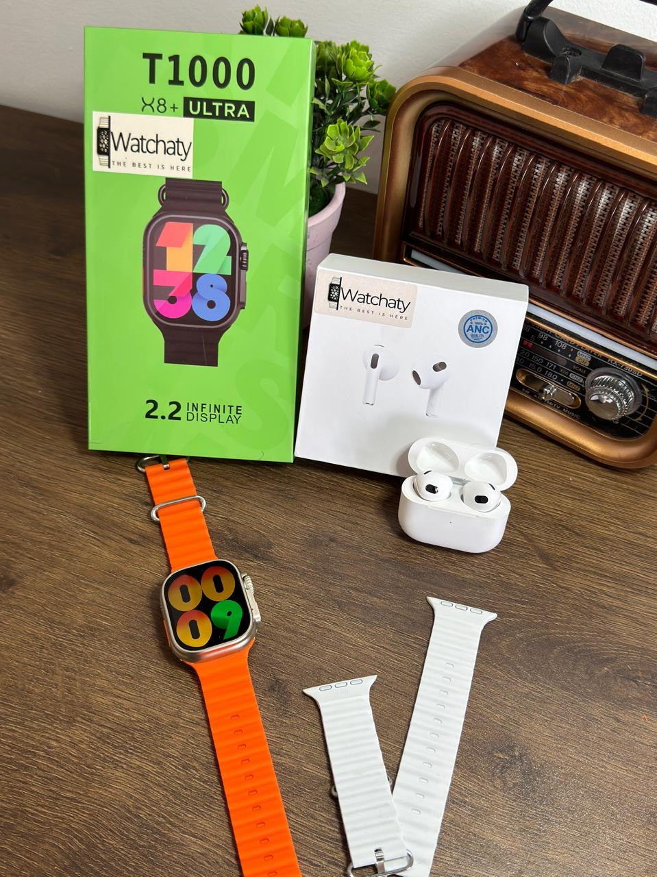 ساعة T1000 Ultra 2 (الباكت العريض) + سماعة AirPods Pro Copy (أي نوع) + ستراب سيليكون