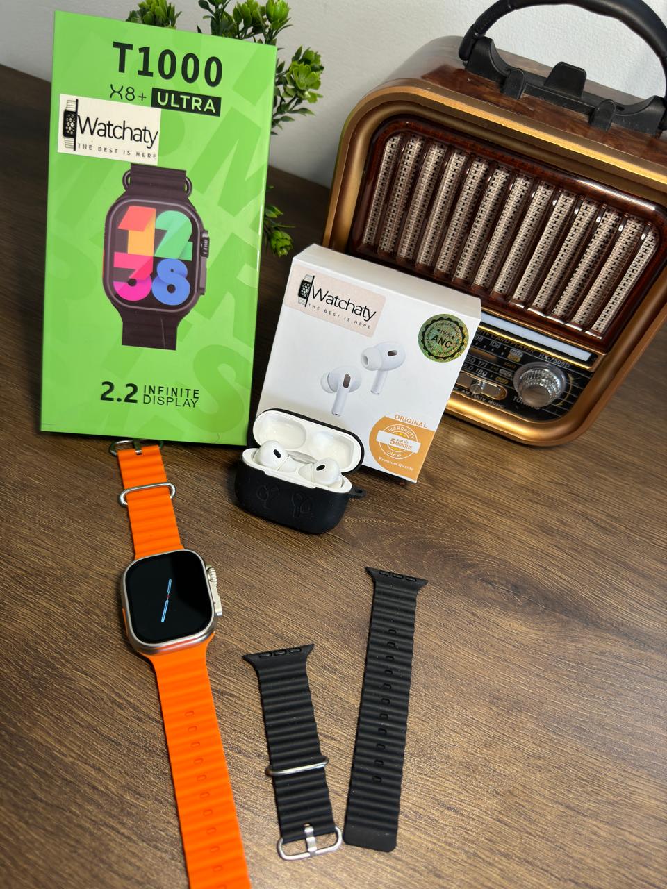 ساعة T1000 Ultra 2 (الباكت العريض) + سماعة AirPods Pro Copy (أي نوع) + ستراب سيليكون