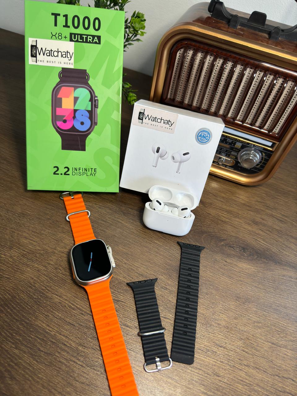 ساعة T1000 Ultra 2 (الباكت العريض) + سماعة AirPods Pro Copy (أي نوع) + ستراب سيليكون