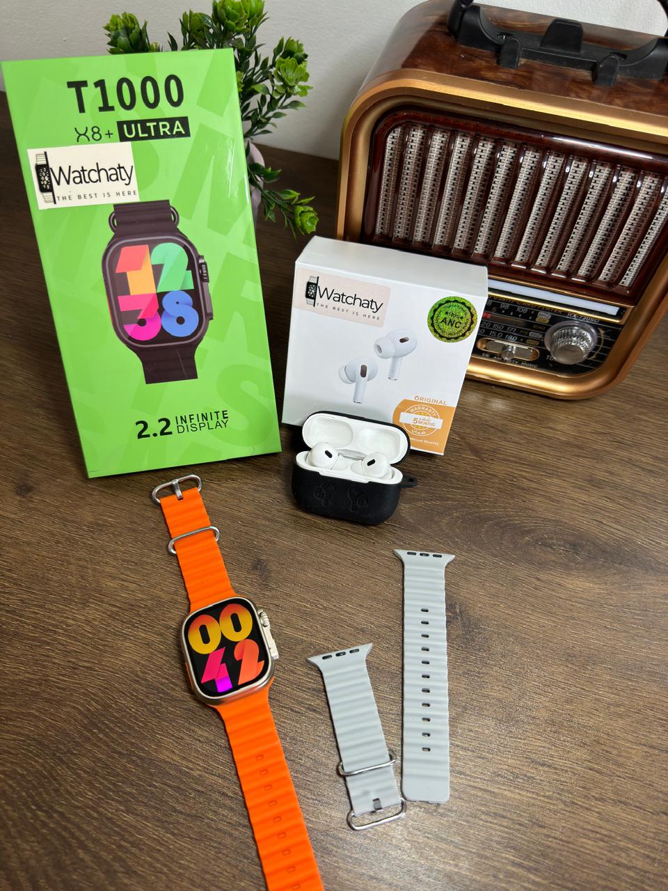 ساعة T1000 Ultra 2 (الباكت العريض) + سماعة AirPods Pro Copy (أي نوع) + ستراب سيليكون