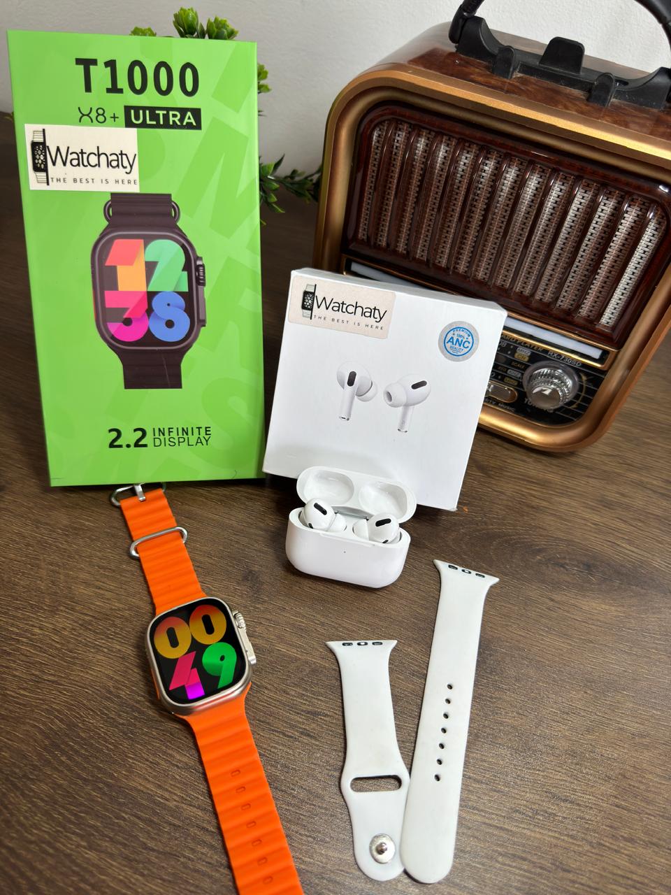 ساعة T1000 Ultra 2 (الباكت العريض) + سماعة AirPods Pro Copy (أي نوع) + ستراب سيليكون