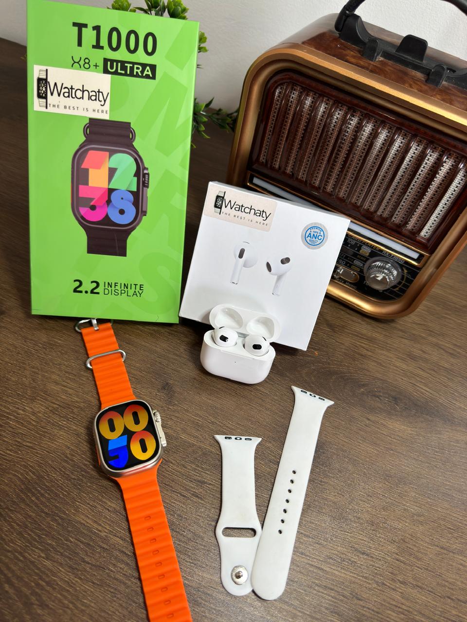 ساعة T1000 Ultra 2 (الباكت العريض) + سماعة AirPods Pro Copy (أي نوع) + ستراب سيليكون