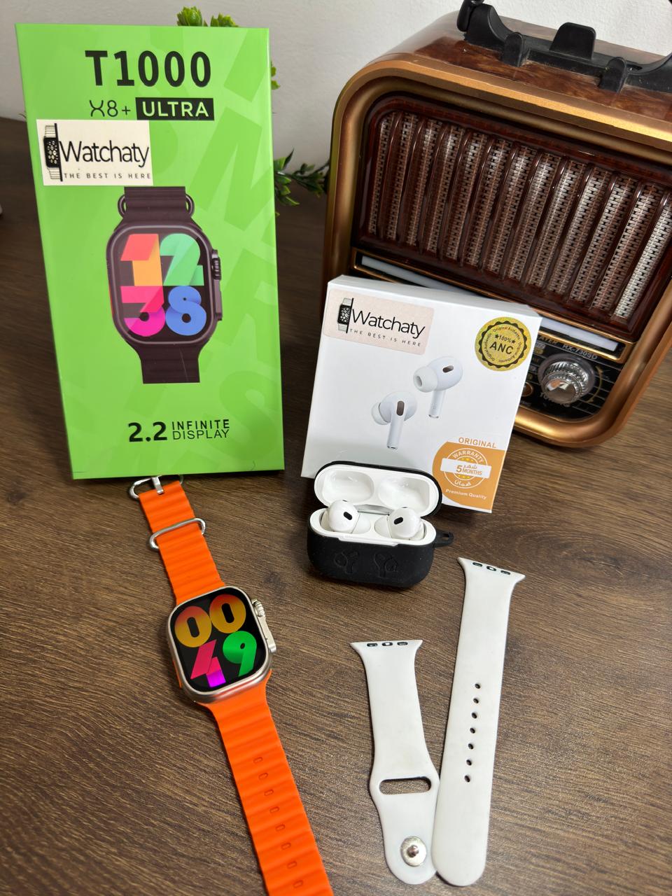 ساعة T1000 Ultra 2 (الباكت العريض) + سماعة AirPods Pro Copy (أي نوع) + ستراب سيليكون