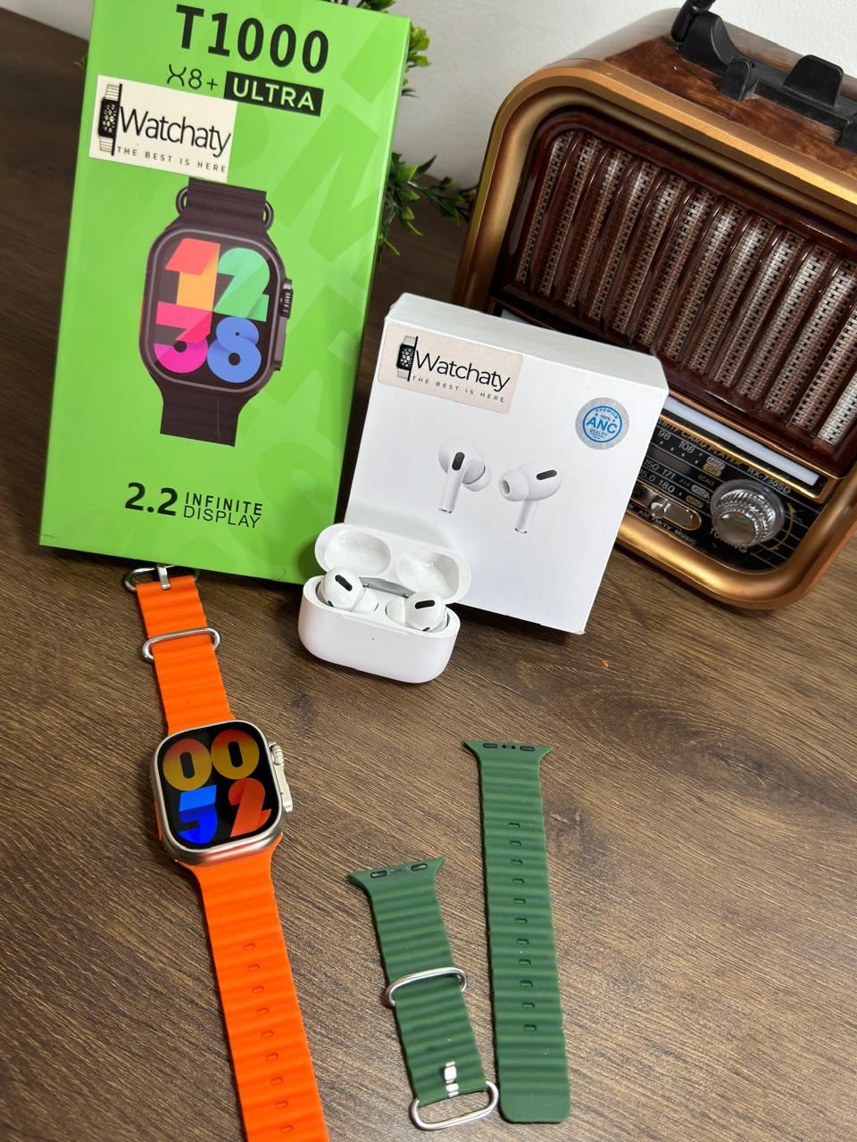 ساعة T1000 Ultra 2 (الباكت العريض) + سماعة AirPods Pro Copy (أي نوع) + ستراب سيليكون