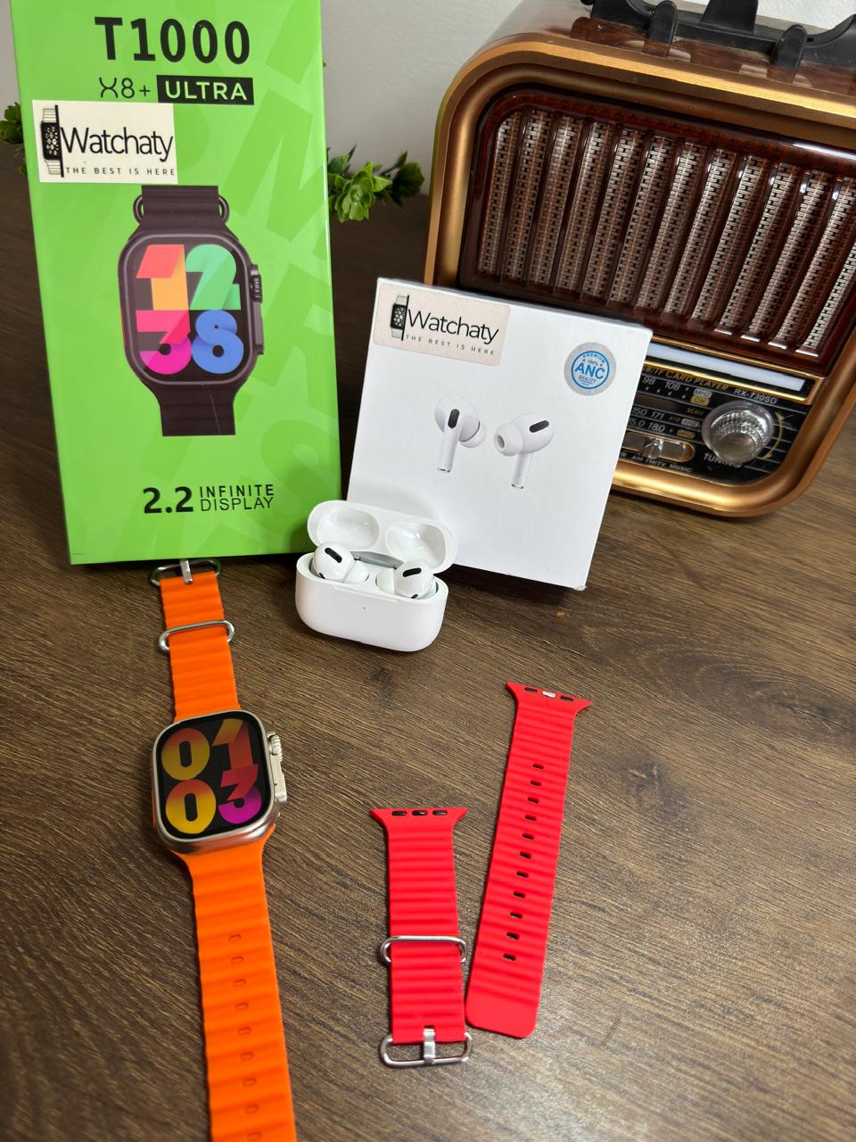 ساعة T1000 Ultra 2 (الباكت العريض) + سماعة AirPods Pro Copy (أي نوع) + ستراب سيليكون