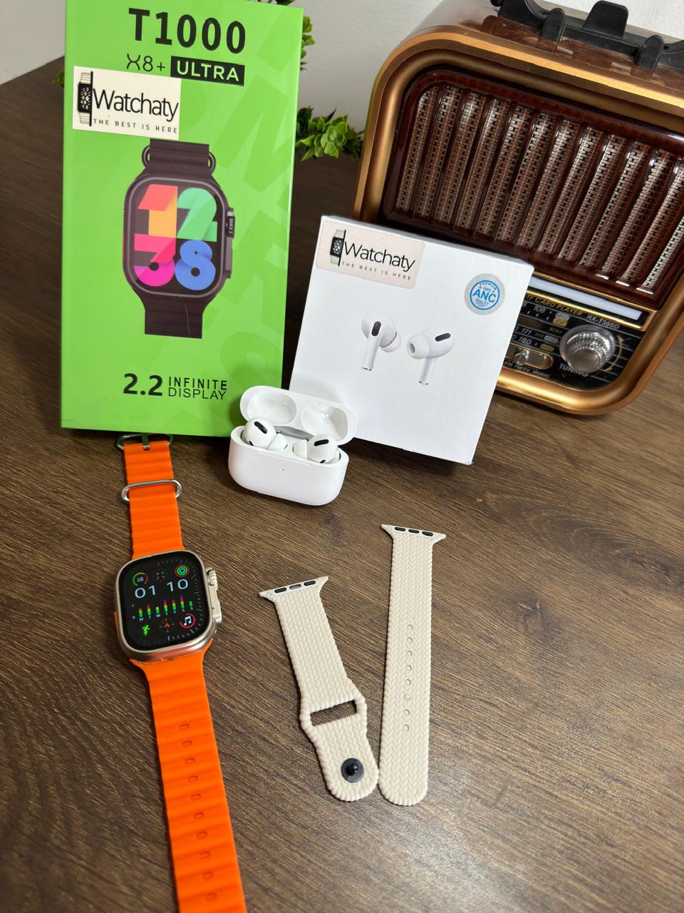 ساعة T1000 Ultra 2 (الباكت العريض) + سماعة AirPods Pro Copy (أي نوع) + ستراب سيليكون