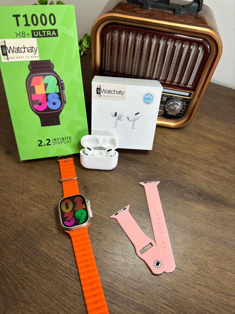 ساعة T1000 Ultra 2 (الباكت العريض) + سماعة AirPods Pro Copy (أي نوع) + ستراب سيليكون