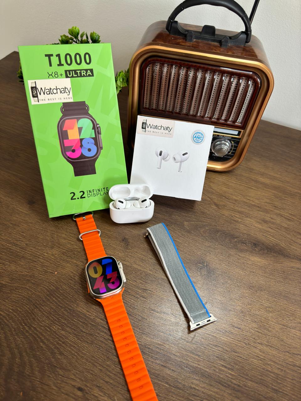 ساعة T1000 Ultra 2 (الباكت العريض) + سماعة AirPods Pro Copy (أي نوع) + ستراب سيليكون