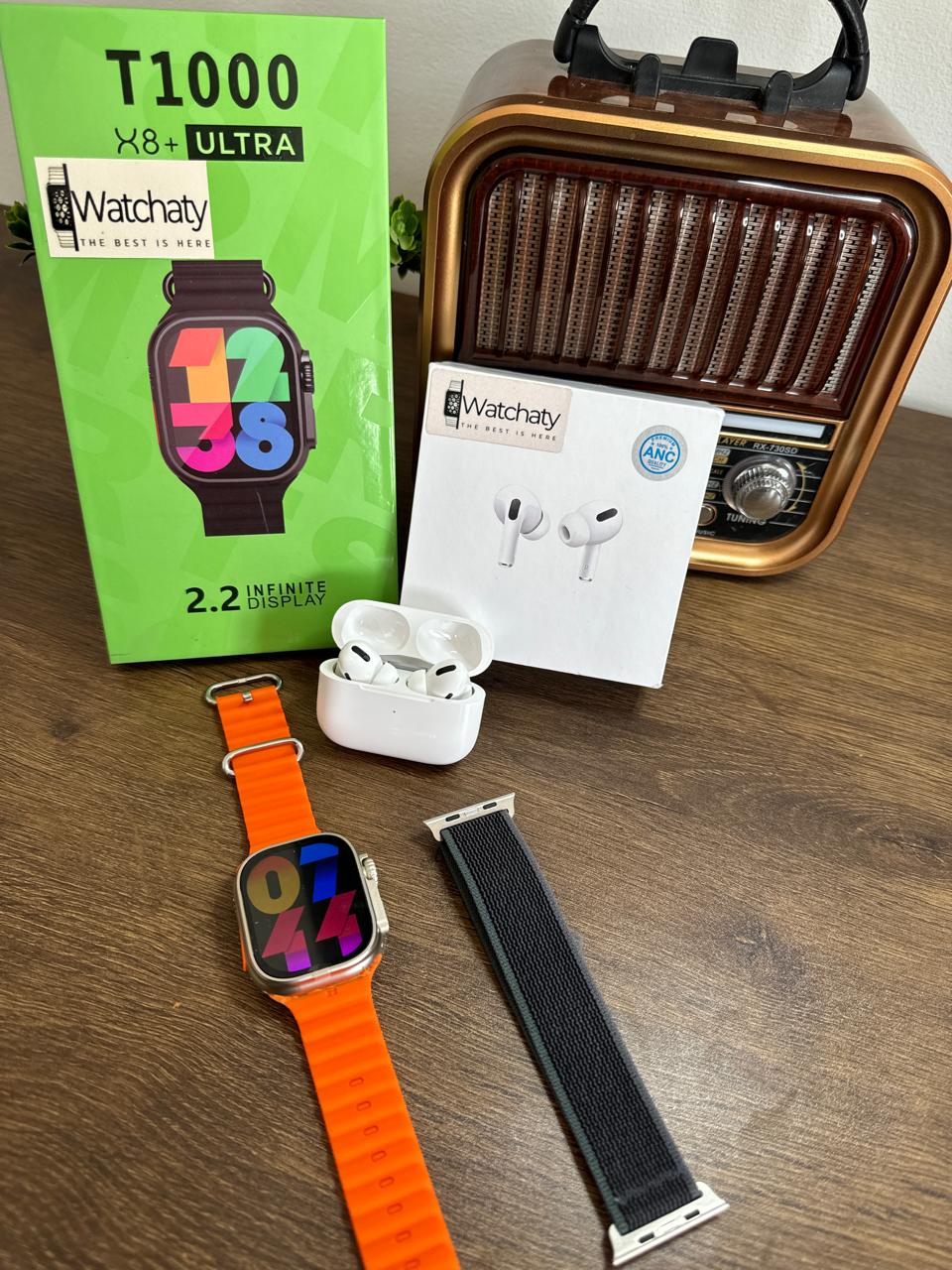 ساعة T1000 Ultra 2 (الباكت العريض) + سماعة AirPods Pro Copy (أي نوع) + ستراب سيليكون