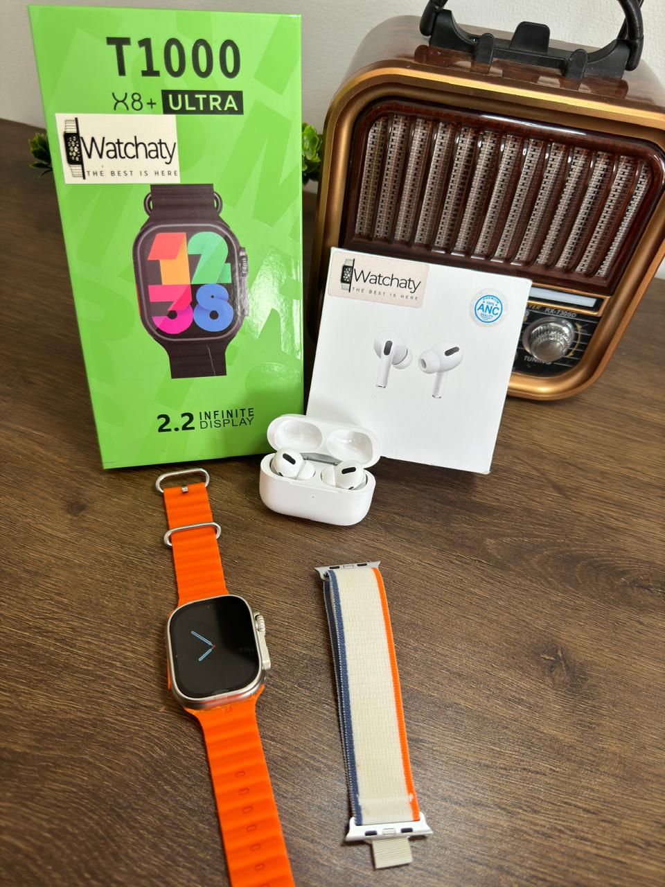 ساعة T1000 Ultra 2 (الباكت العريض) + سماعة AirPods Pro Copy (أي نوع) + ستراب سيليكون