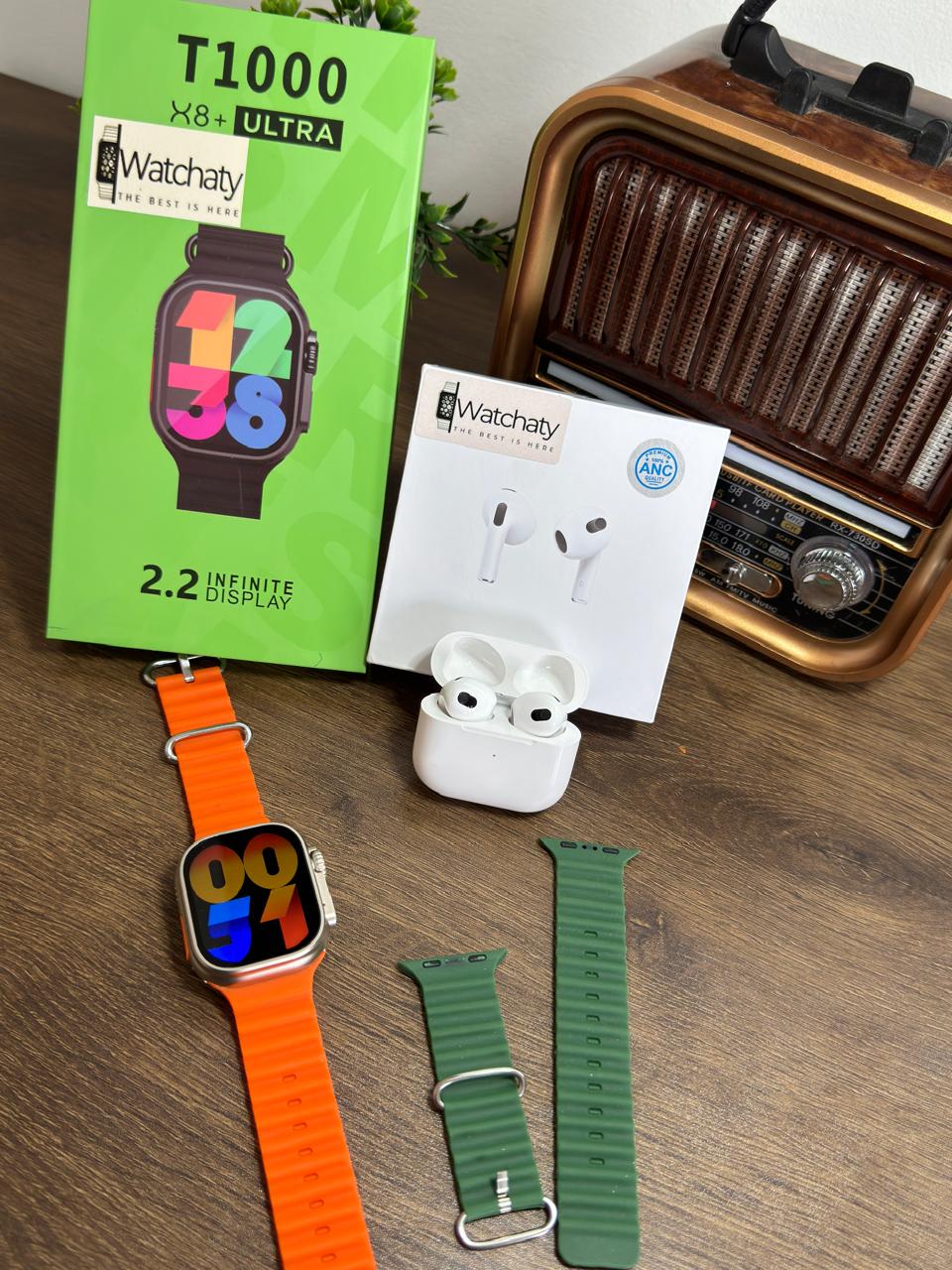 ساعة T1000 Ultra 2 (الباكت العريض) + سماعة AirPods Pro Copy (أي نوع) + ستراب سيليكون