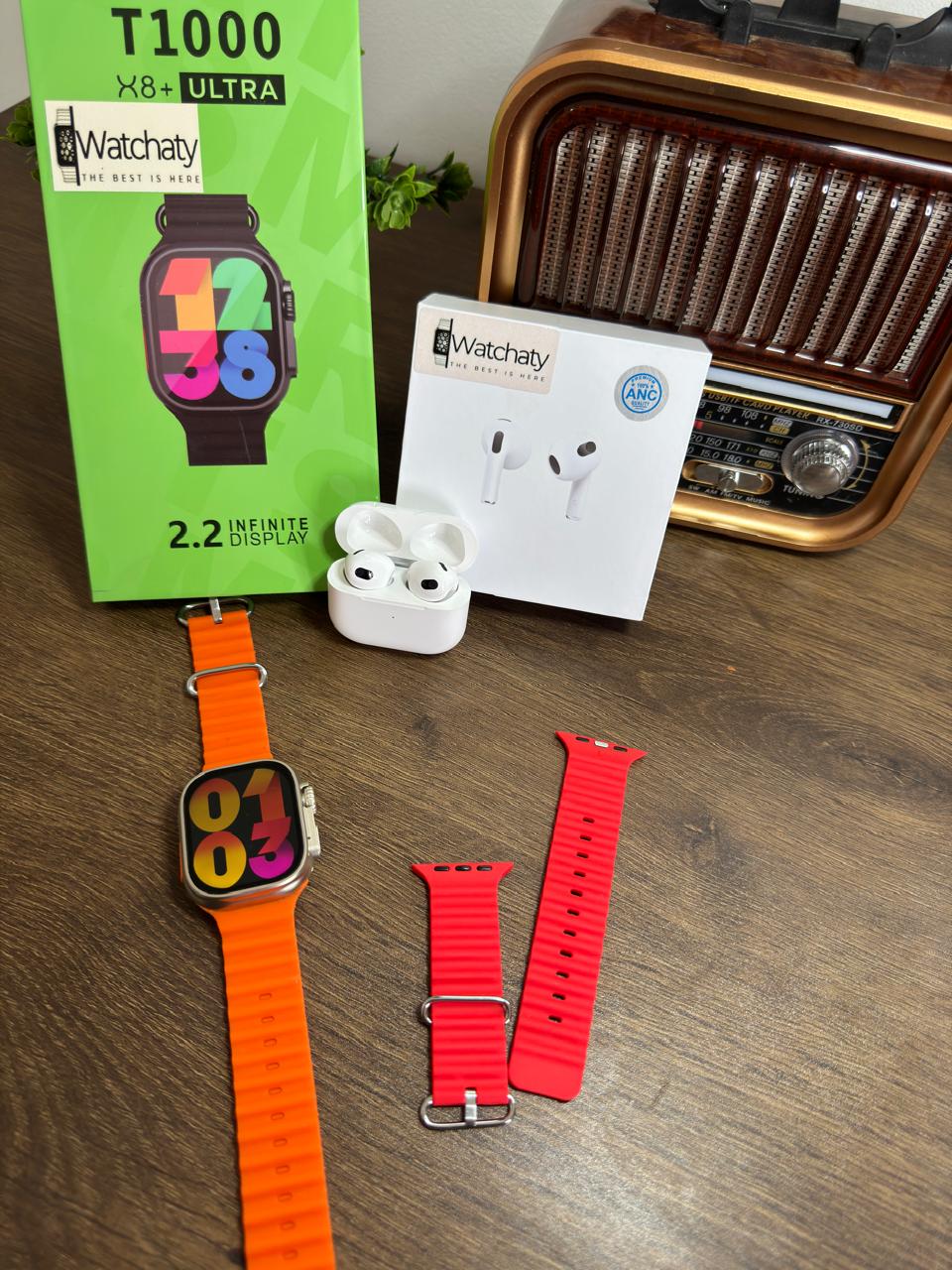 ساعة T1000 Ultra 2 (الباكت العريض) + سماعة AirPods Pro Copy (أي نوع) + ستراب سيليكون