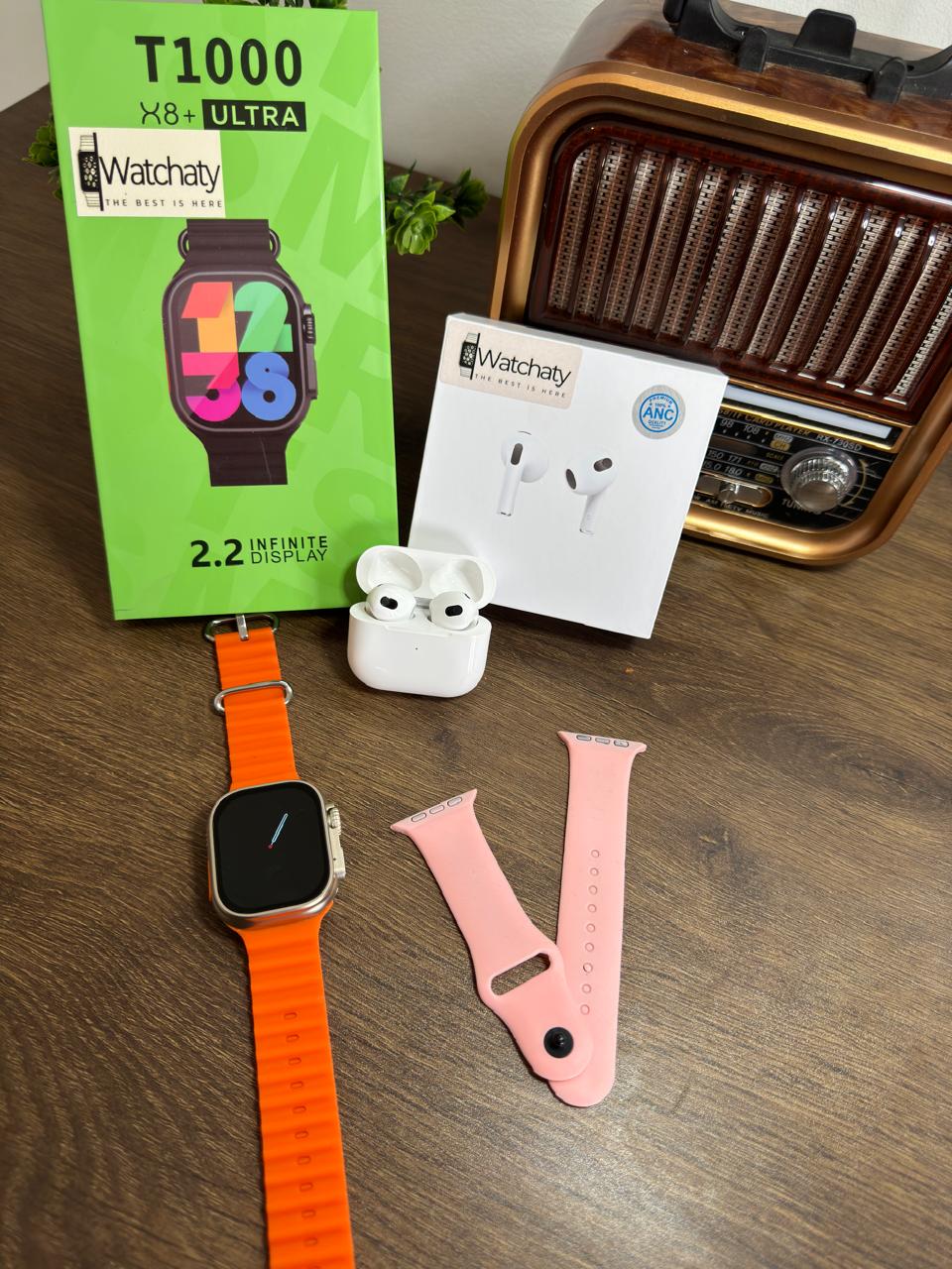 ساعة T1000 Ultra 2 (الباكت العريض) + سماعة AirPods Pro Copy (أي نوع) + ستراب سيليكون