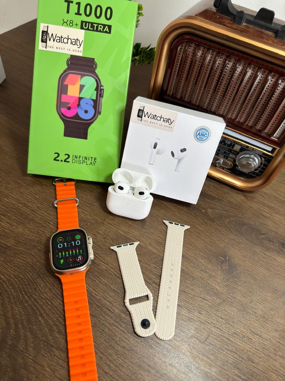 ساعة T1000 Ultra 2 (الباكت العريض) + سماعة AirPods Pro Copy (أي نوع) + ستراب سيليكون