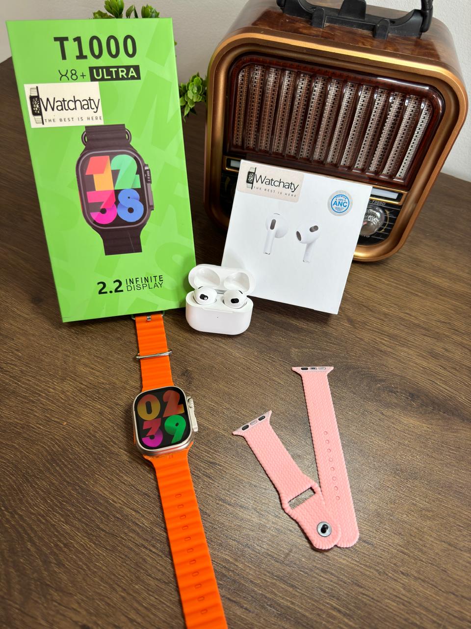 ساعة T1000 Ultra 2 (الباكت العريض) + سماعة AirPods Pro Copy (أي نوع) + ستراب سيليكون