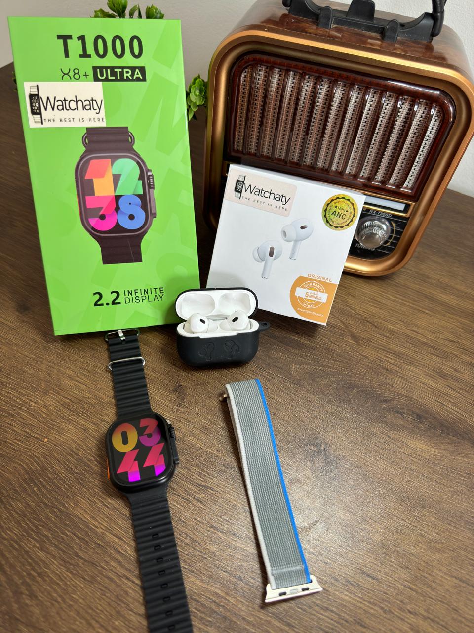 ساعة T1000 Ultra 2 (الباكت العريض) + سماعة AirPods Pro Copy (أي نوع) + ستراب سيليكون