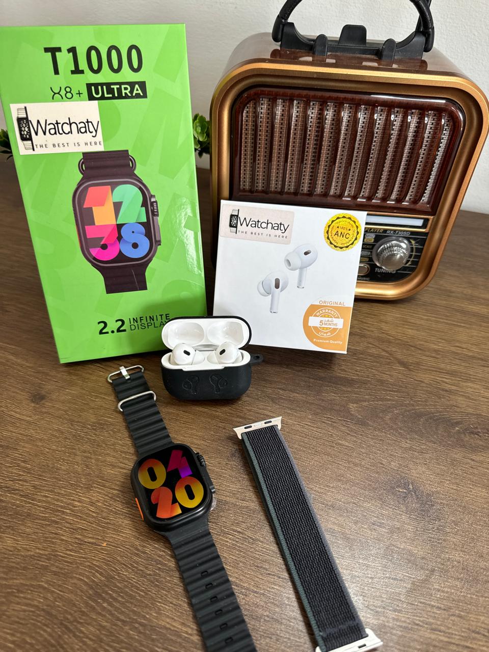 ساعة T1000 Ultra 2 (الباكت العريض) + سماعة AirPods Pro Copy (أي نوع) + ستراب سيليكون