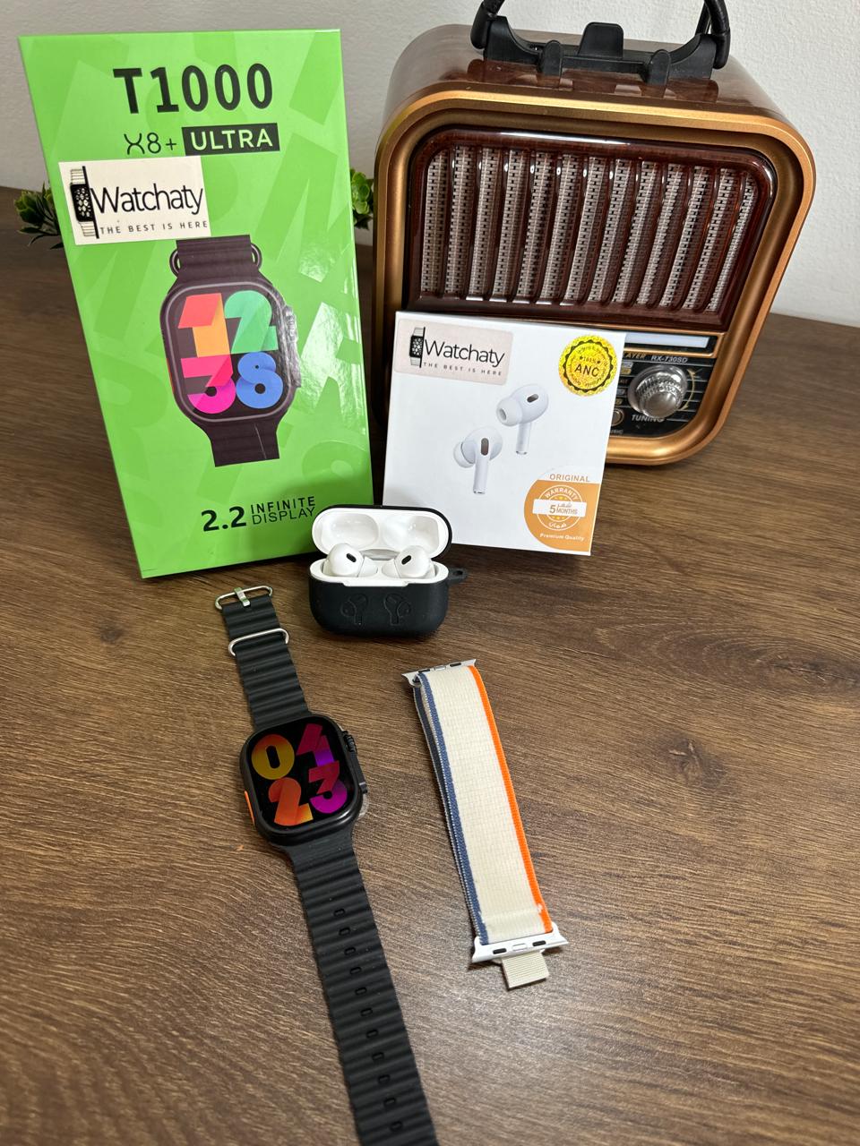 ساعة T1000 Ultra 2 (الباكت العريض) + سماعة AirPods Pro Copy (أي نوع) + ستراب سيليكون