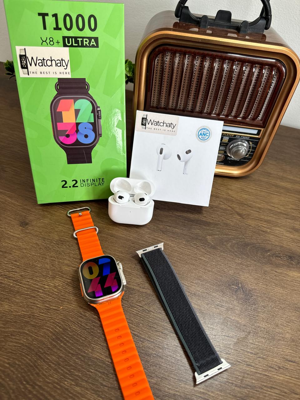 ساعة T1000 Ultra 2 (الباكت العريض) + سماعة AirPods Pro Copy (أي نوع) + ستراب سيليكون