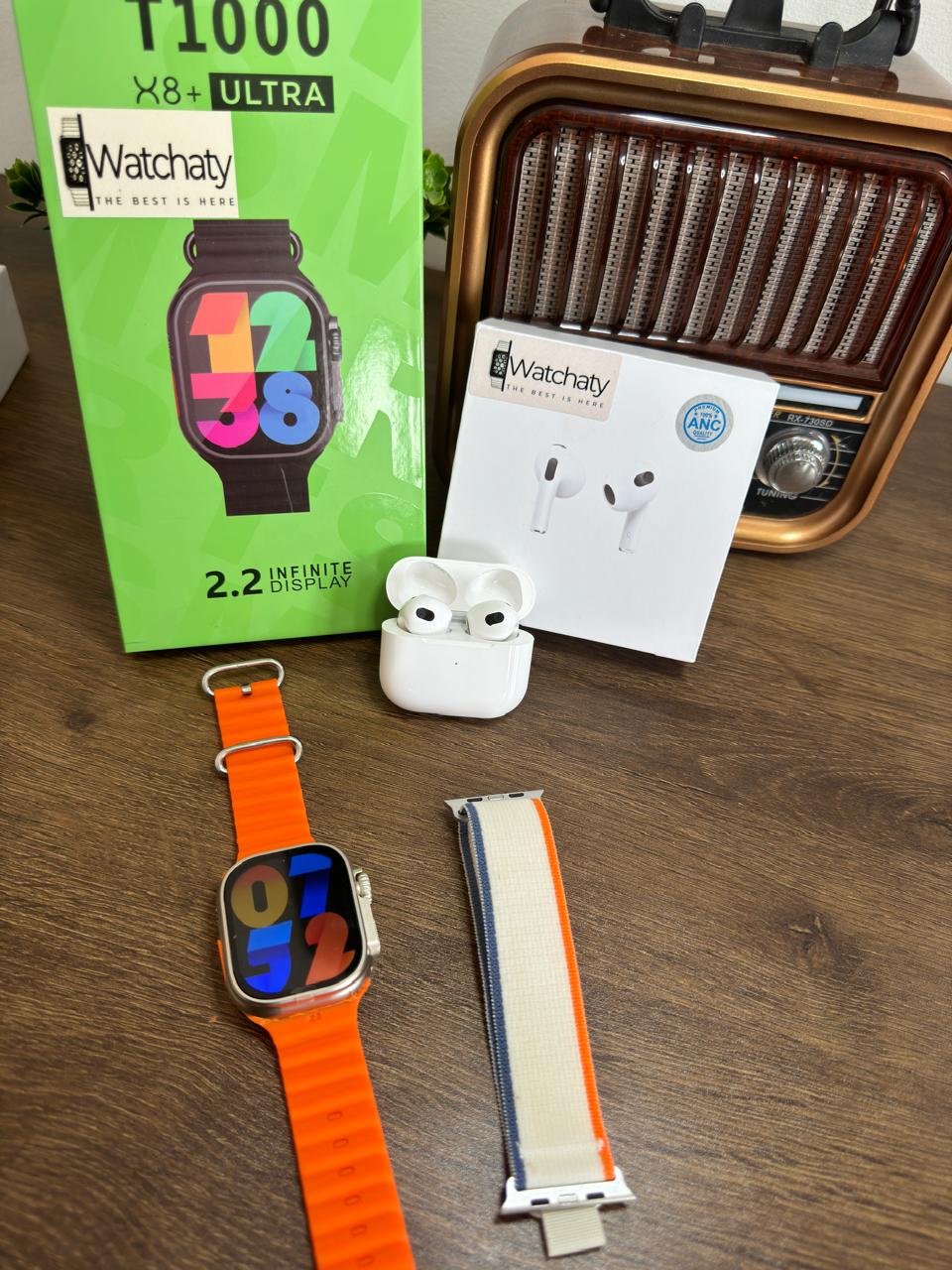 ساعة T1000 Ultra 2 (الباكت العريض) + سماعة AirPods Pro Copy (أي نوع) + ستراب سيليكون