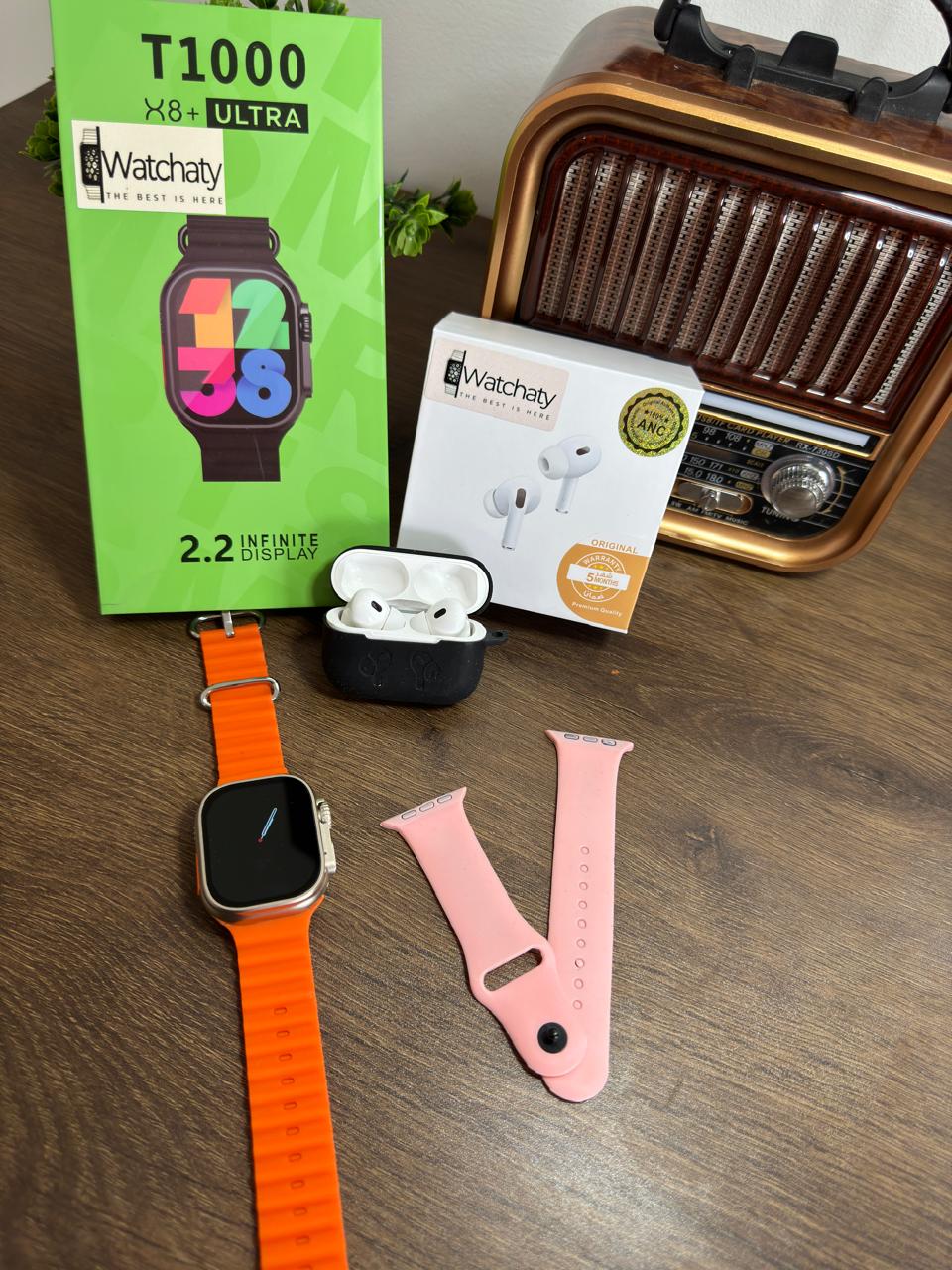 ساعة T1000 Ultra 2 (الباكت العريض) + سماعة AirPods Pro Copy (أي نوع) + ستراب سيليكون