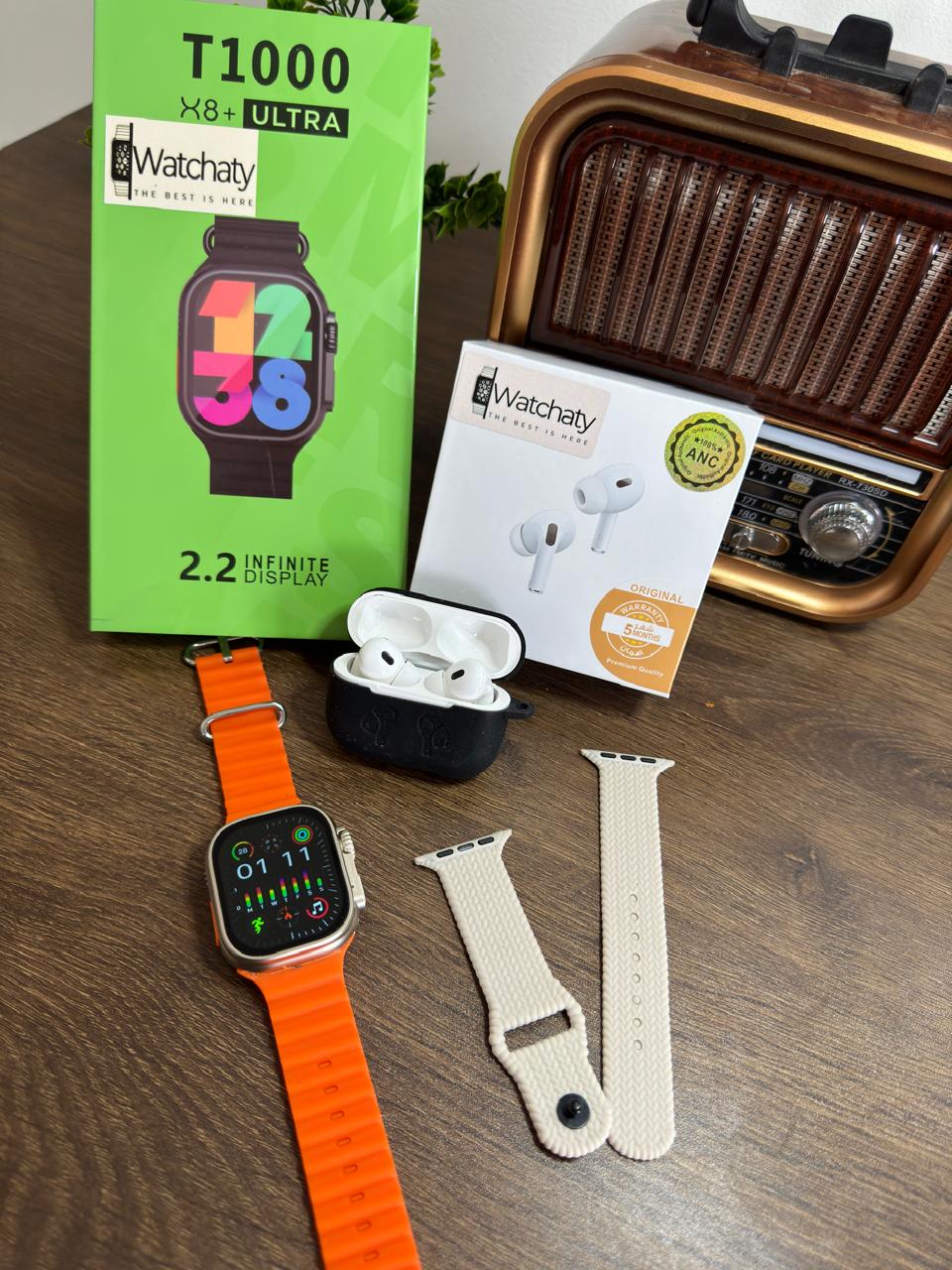 ساعة T1000 Ultra 2 (الباكت العريض) + سماعة AirPods Pro Copy (أي نوع) + ستراب سيليكون
