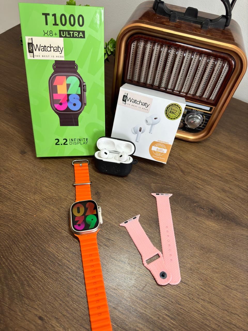 ساعة T1000 Ultra 2 (الباكت العريض) + سماعة AirPods Pro Copy (أي نوع) + ستراب سيليكون