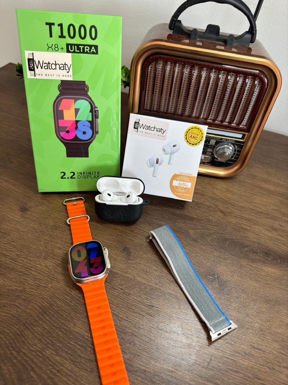 ساعة T1000 Ultra 2 (الباكت العريض) + سماعة AirPods Pro Copy (أي نوع) + ستراب سيليكون