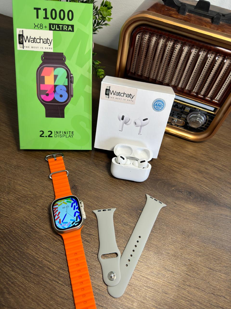 ساعة T1000 Ultra 2 (الباكت العريض) + سماعة AirPods Pro Copy (أي نوع) + ستراب سيليكون