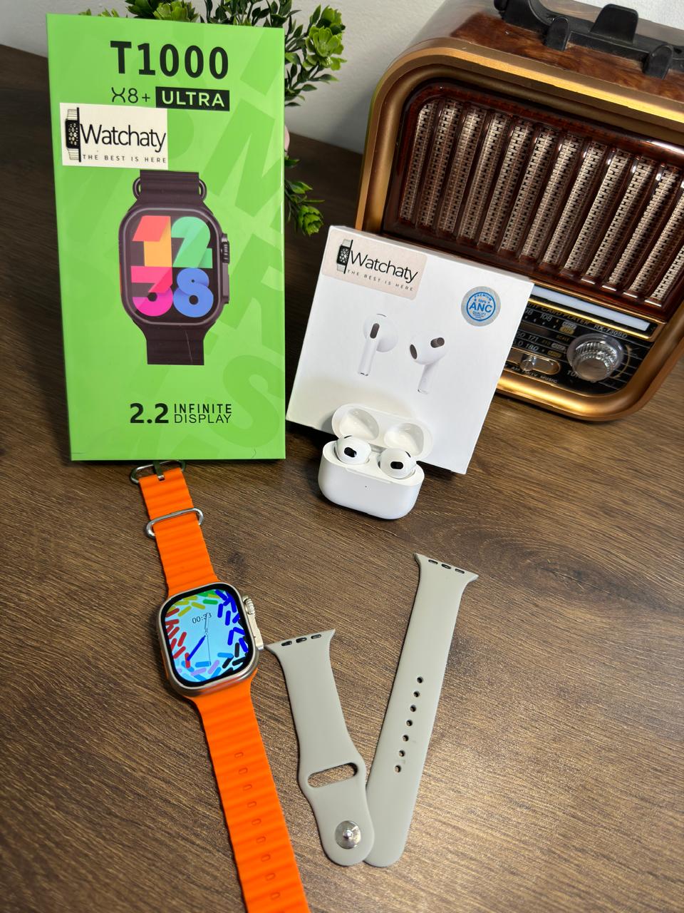 ساعة T1000 Ultra 2 (الباكت العريض) + سماعة AirPods Pro Copy (أي نوع) + ستراب سيليكون