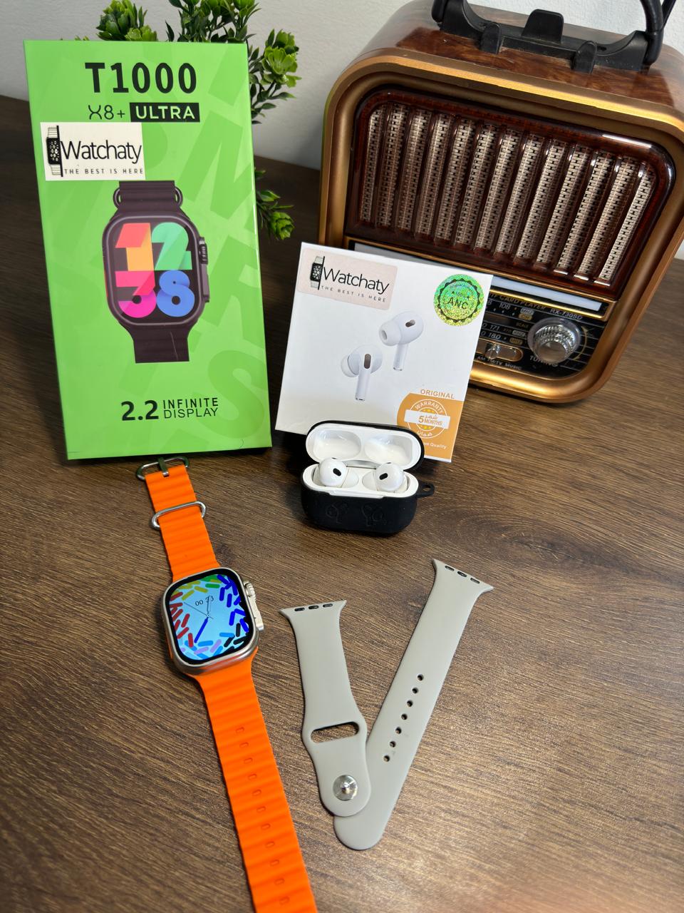 ساعة T1000 Ultra 2 (الباكت العريض) + سماعة AirPods Pro Copy (أي نوع) + ستراب سيليكون