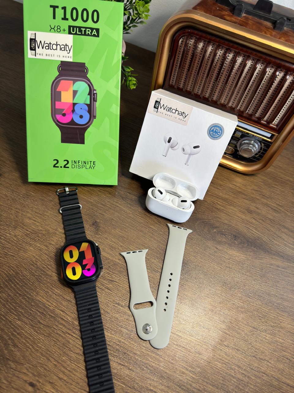 ساعة T1000 Ultra 2 (الباكت العريض) + سماعة AirPods Pro Copy (أي نوع) + ستراب سيليكون