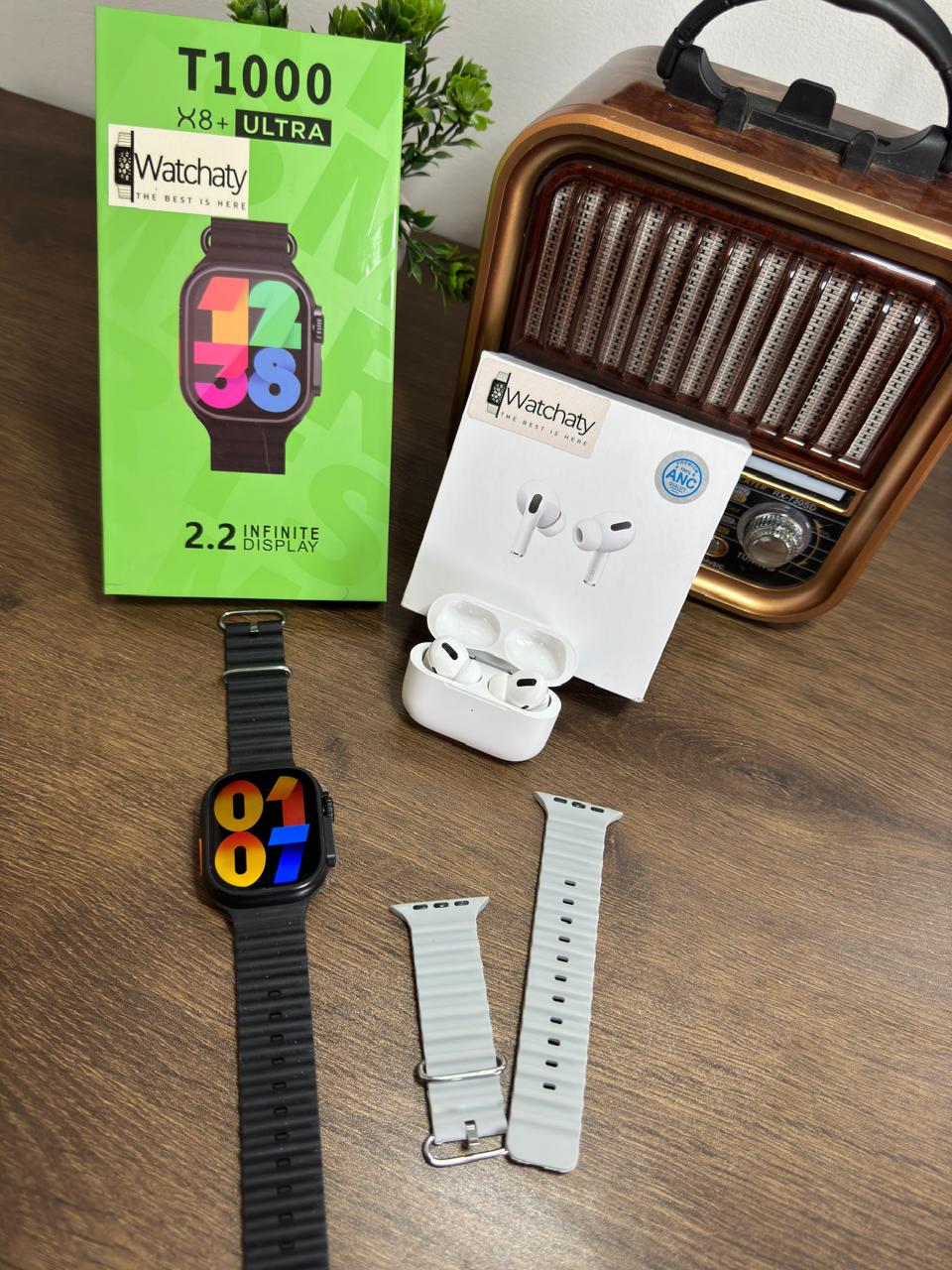 ساعة T1000 Ultra 2 (الباكت العريض) + سماعة AirPods Pro Copy (أي نوع) + ستراب سيليكون