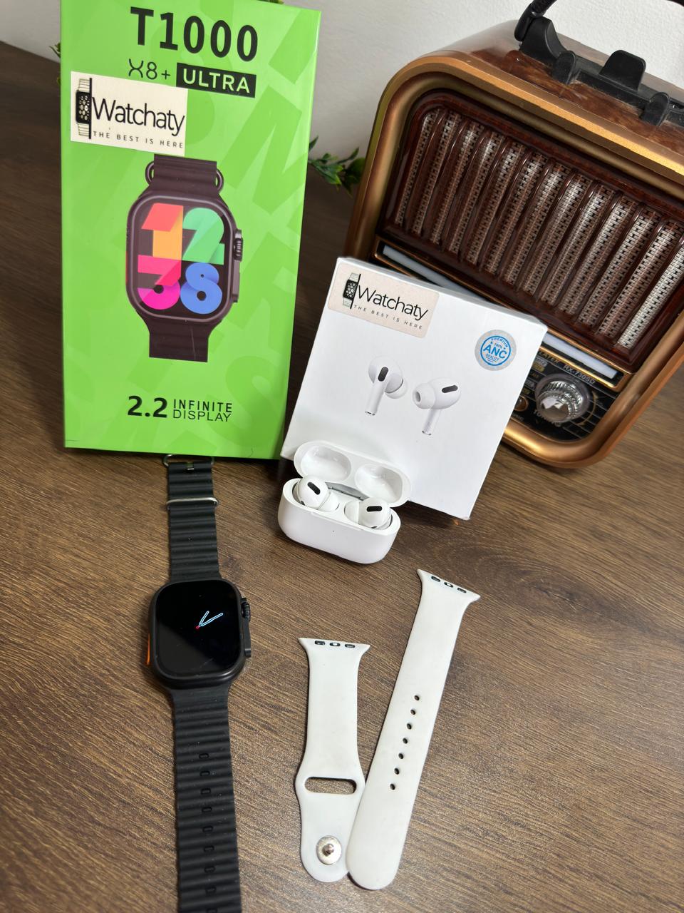 ساعة T1000 Ultra 2 (الباكت العريض) + سماعة AirPods Pro Copy (أي نوع) + ستراب سيليكون