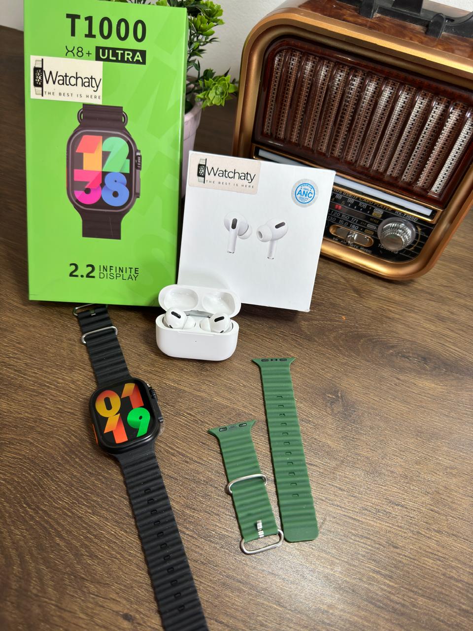 ساعة T1000 Ultra 2 (الباكت العريض) + سماعة AirPods Pro Copy (أي نوع) + ستراب سيليكون