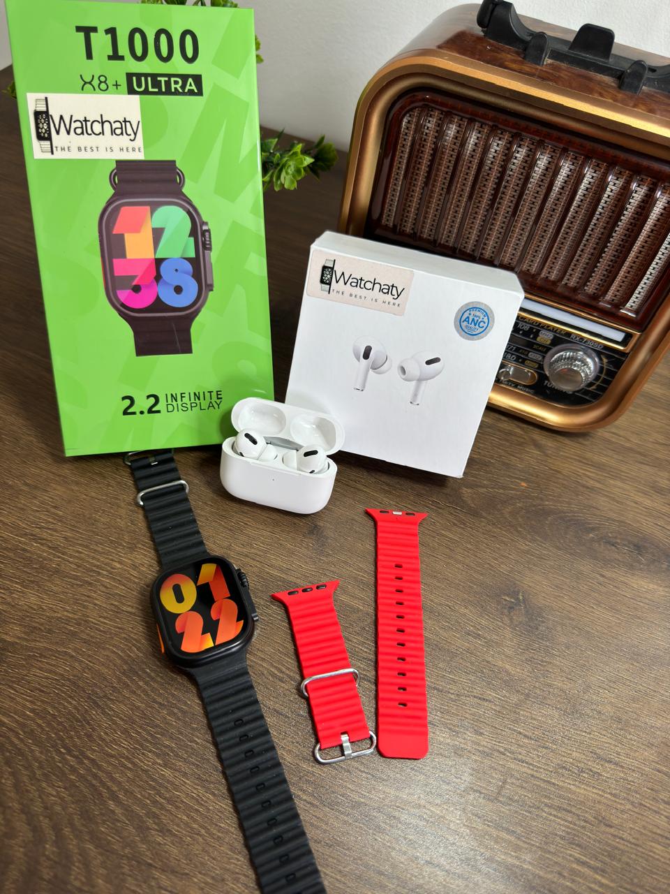 ساعة T1000 Ultra 2 (الباكت العريض) + سماعة AirPods Pro Copy (أي نوع) + ستراب سيليكون