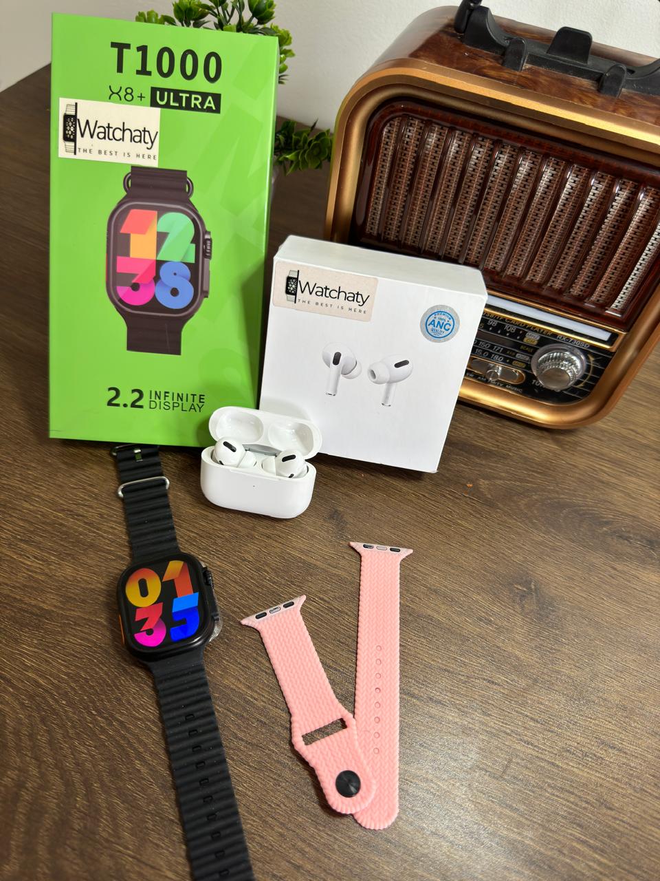 ساعة T1000 Ultra 2 (الباكت العريض) + سماعة AirPods Pro Copy (أي نوع) + ستراب سيليكون