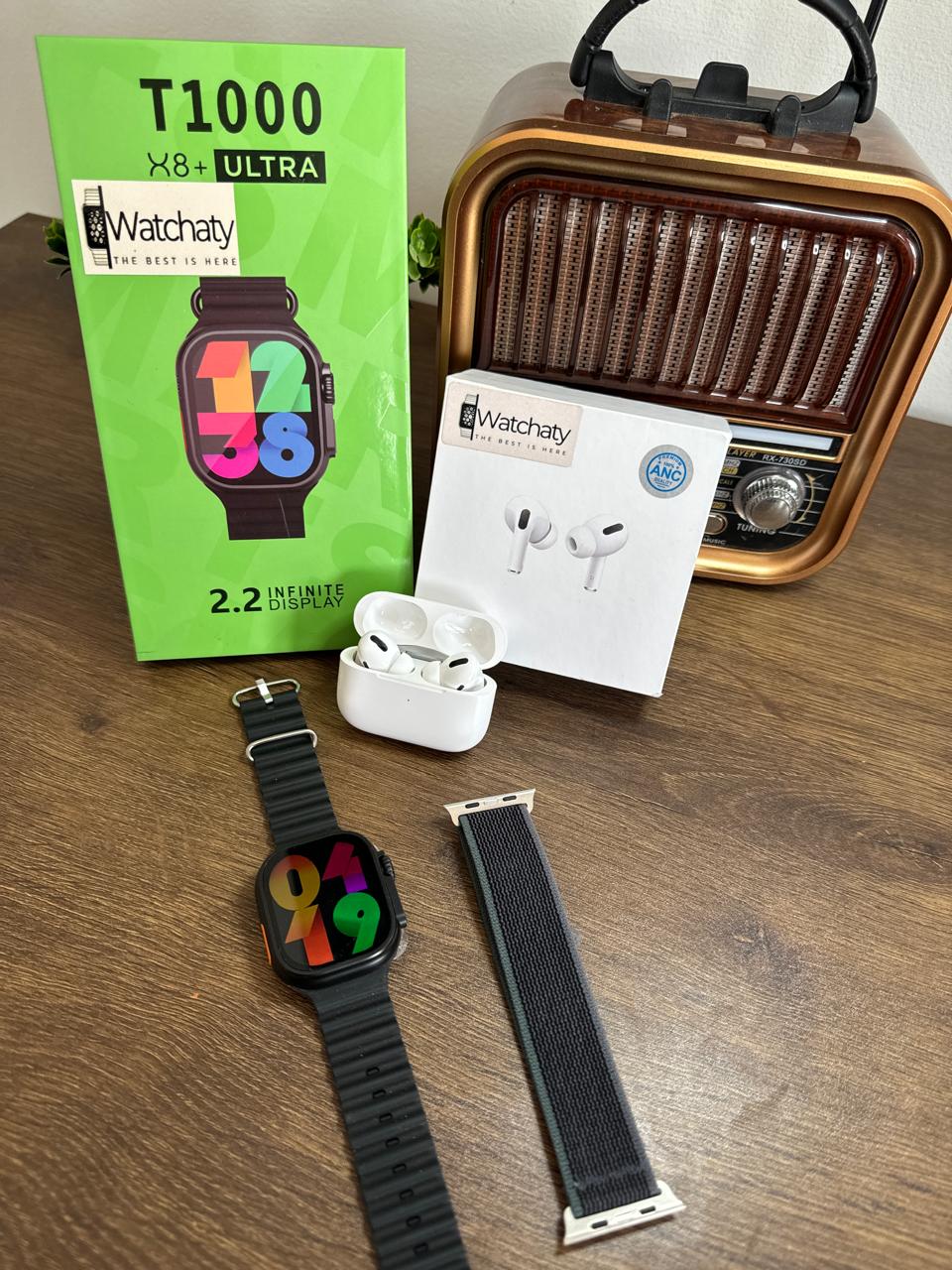 ساعة T1000 Ultra 2 (الباكت العريض) + سماعة AirPods Pro Copy (أي نوع) + ستراب سيليكون