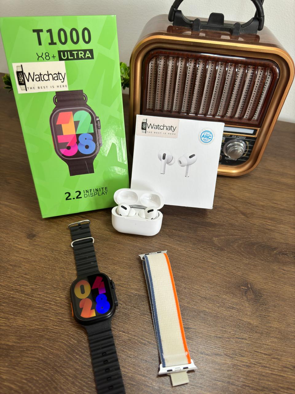 ساعة T1000 Ultra 2 (الباكت العريض) + سماعة AirPods Pro Copy (أي نوع) + ستراب سيليكون