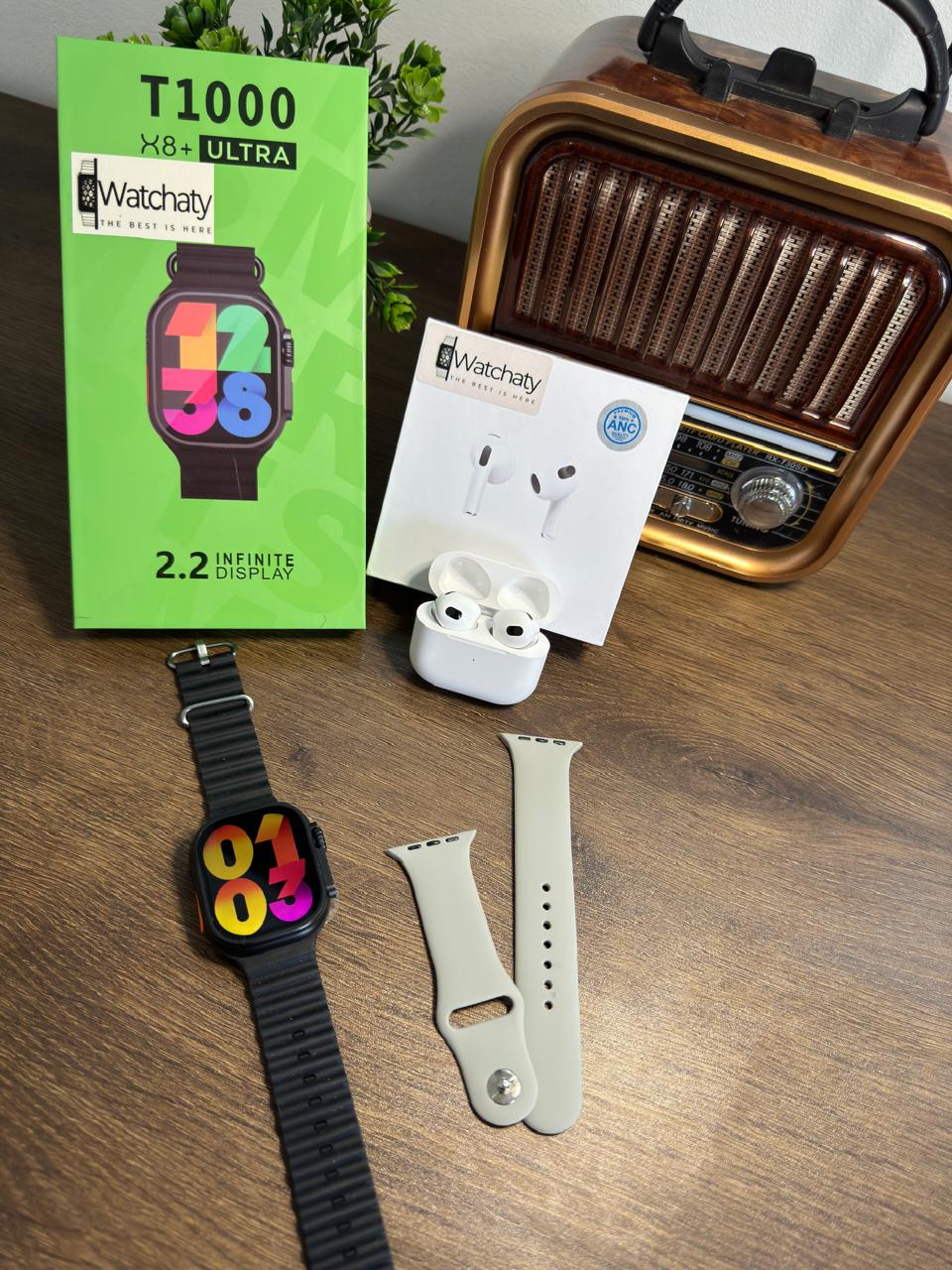 ساعة T1000 Ultra 2 (الباكت العريض) + سماعة AirPods Pro Copy (أي نوع) + ستراب سيليكون