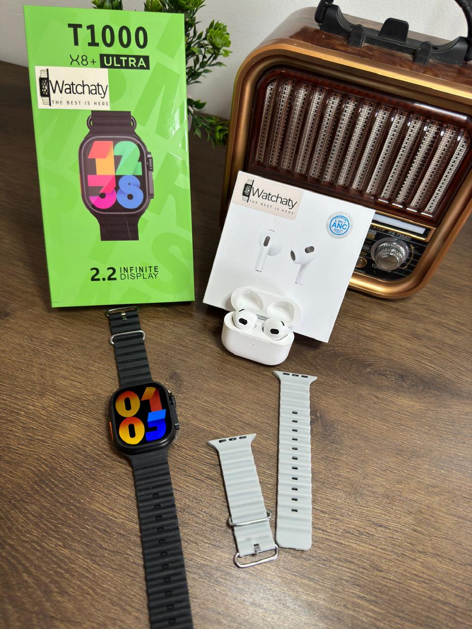 ساعة T1000 Ultra 2 (الباكت العريض) + سماعة AirPods Pro Copy (أي نوع) + ستراب سيليكون