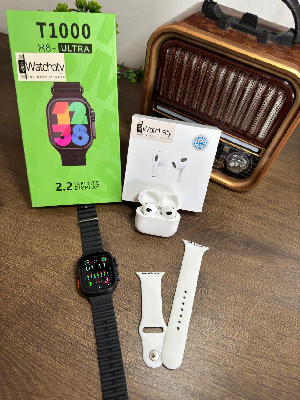 ساعة T1000 Ultra 2 (الباكت العريض) + سماعة AirPods Pro Copy (أي نوع) + ستراب سيليكون