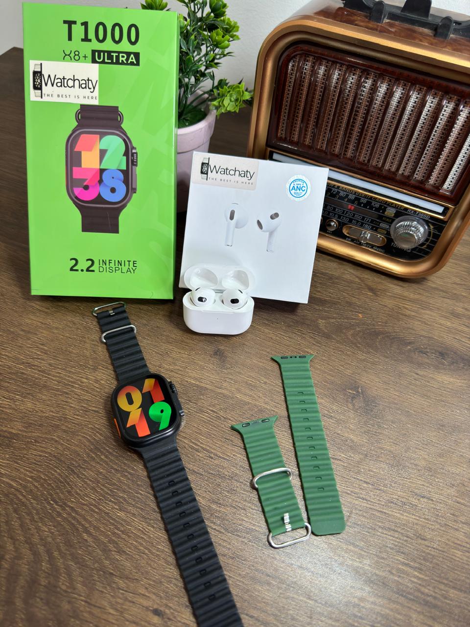 ساعة T1000 Ultra 2 (الباكت العريض) + سماعة AirPods Pro Copy (أي نوع) + ستراب سيليكون