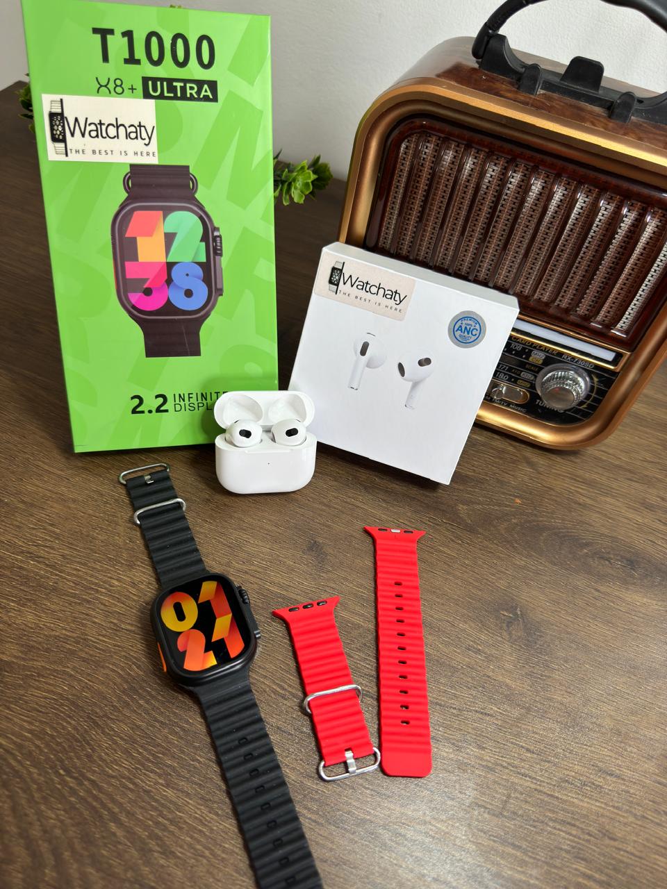 ساعة T1000 Ultra 2 (الباكت العريض) + سماعة AirPods Pro Copy (أي نوع) + ستراب سيليكون