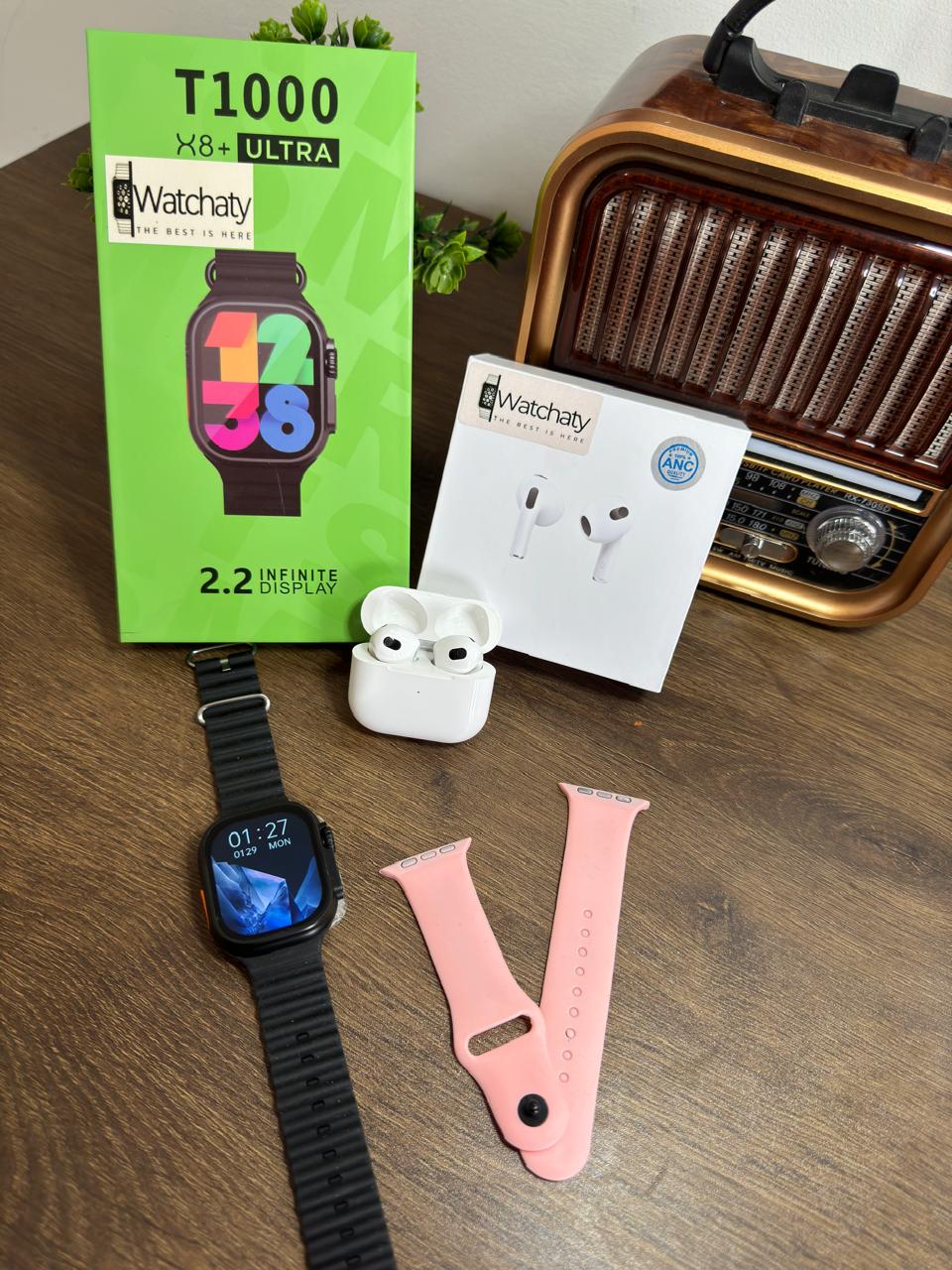 ساعة T1000 Ultra 2 (الباكت العريض) + سماعة AirPods Pro Copy (أي نوع) + ستراب سيليكون